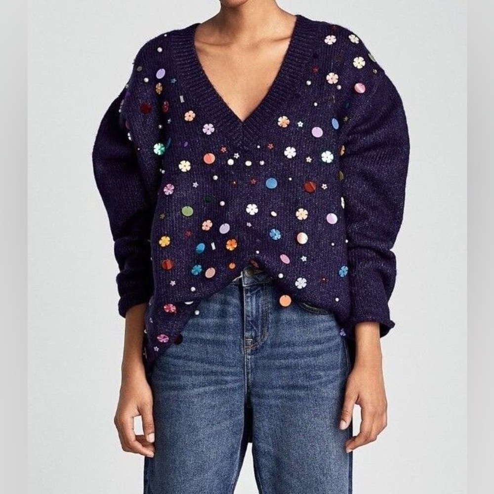 Zara Knit Multicolor Sequin Blue Oversized V-Neck Sweater